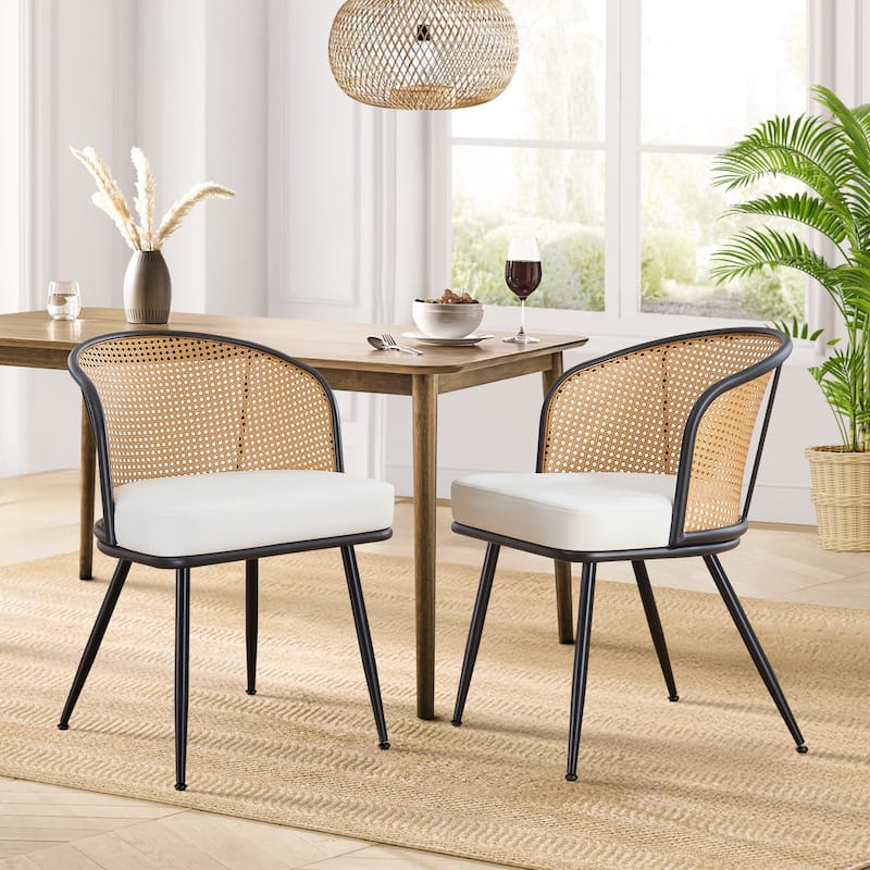 Upholstered Rattan Dining Chairs with Metal Legs Set of 2/4 - 29.92"H x 20.5"W x 23.03"D - Set of 2 - PU-White