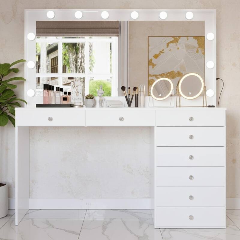 Boahaus Makeup Vanity Desk Glass Top 8 Drawers Crystal Knobs Lighted Mirror