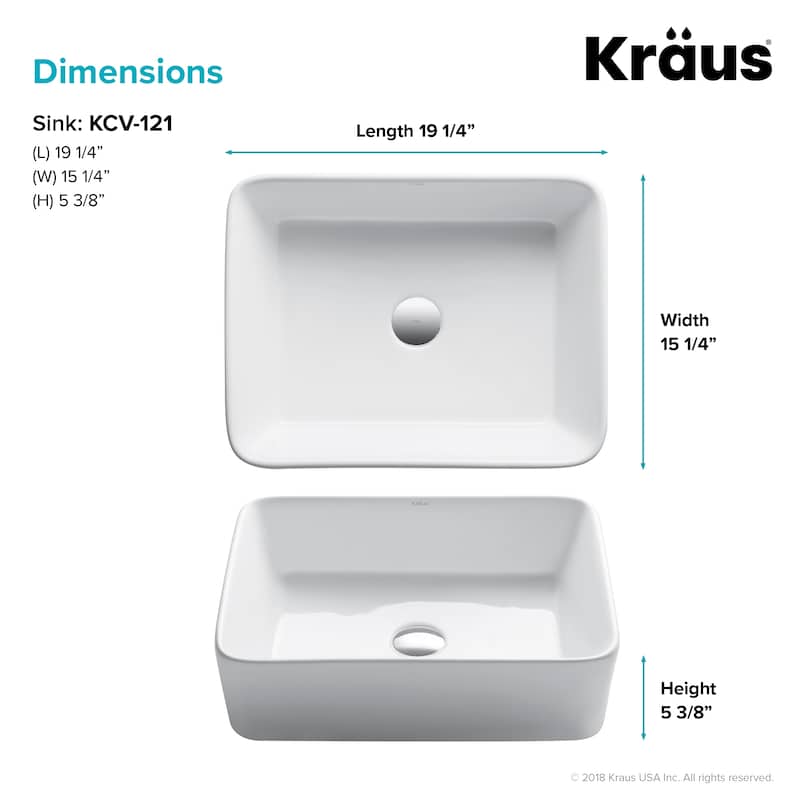 Kraus Elavo 19 inch Rectangle Porcelain Ceramic Vessel Bathroom Sink