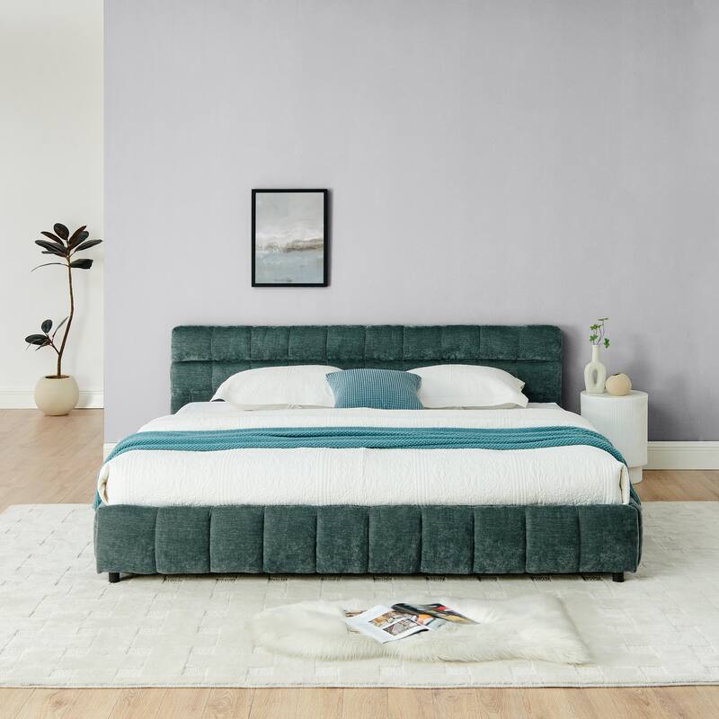 King Size Upholstered Bed Frame with Storage Drawers, Soft Chenille Fabric Headboard - Sturdy & Noise-Free Support