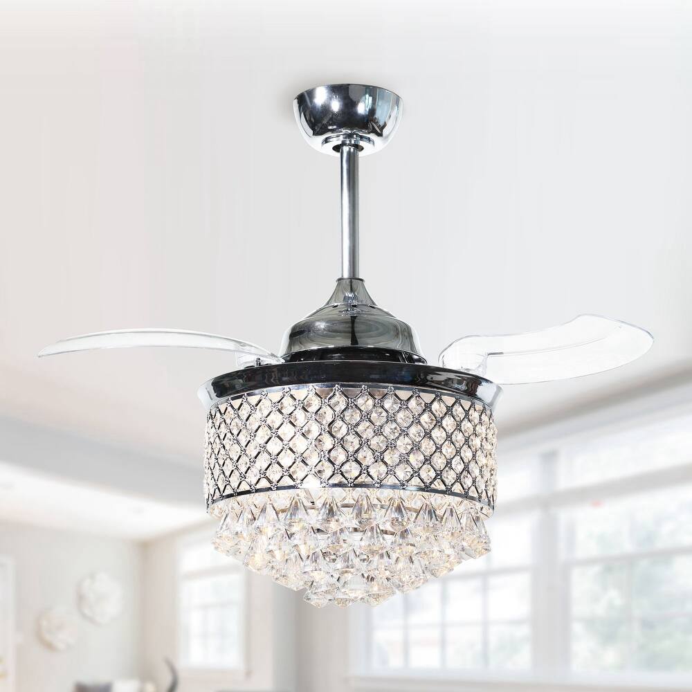 Modern 36" Retractable Crystal Chandelier Ceiling Fan with Light Kit and Remote Control, Chrome - 36 in