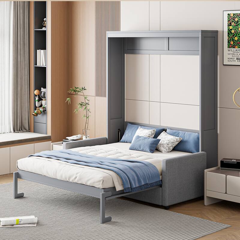 Full Size Murphy Bed Wall Bed with Cushion - Grey