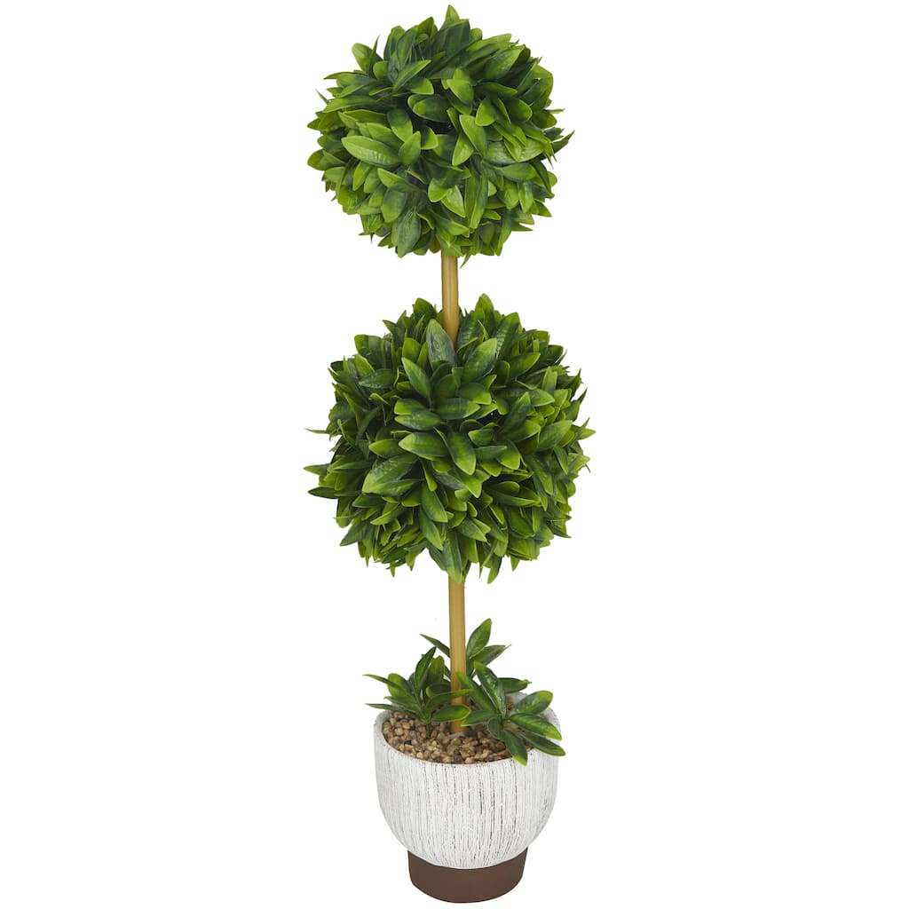 Faux Foliage Boxwood Ball Topiary with Realistic Leaves and White Cement Pot - Green - Roche River Decor