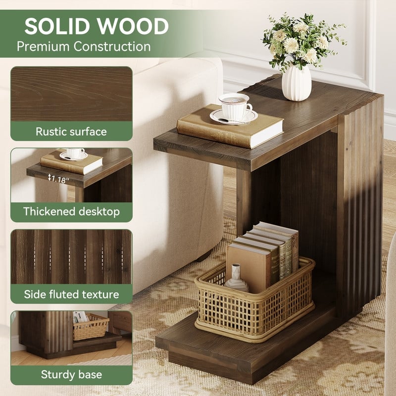 C Shaped Solid Wood Sofa End Table with Fluted Panels, Space-Saving Small Nightstand for Living Room, Bedroom
