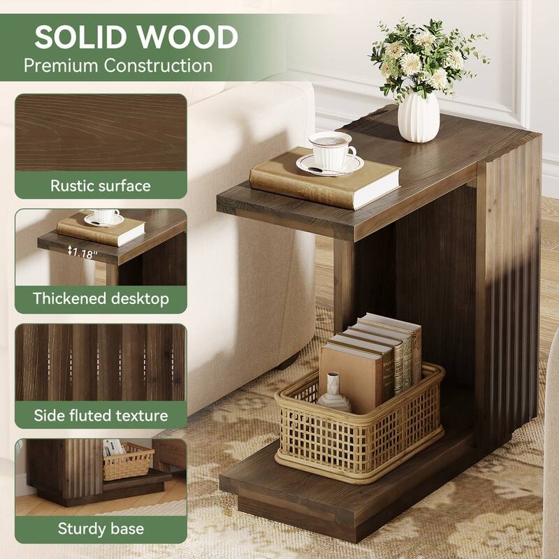 Solid Wood Side Table with Storage Shelf for Small Spaces, C Shaped Sofa End Table