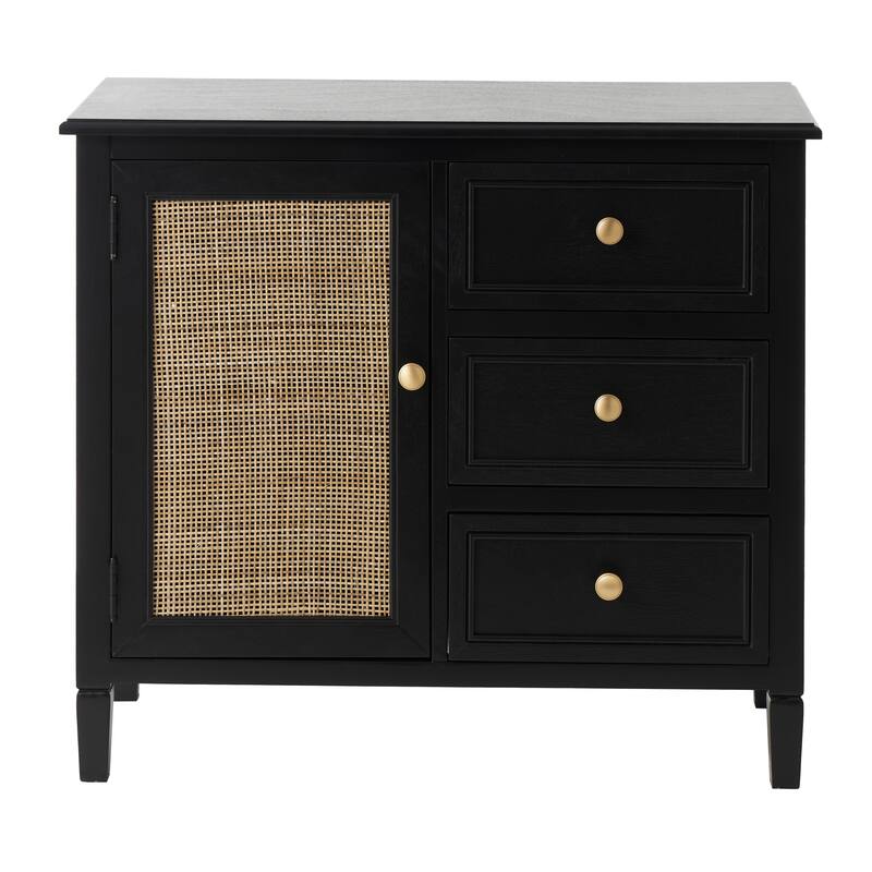 Black Wood Handmade 3 Drawers and 1 Door Cabinet with Rattan Front