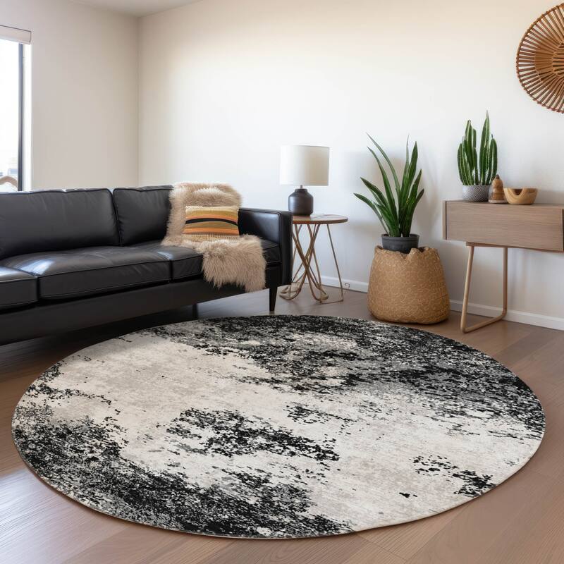 Machine Washable Indoor/ Outdoor Abstract Pixels Chantille Rug - Black - 8' x 8'