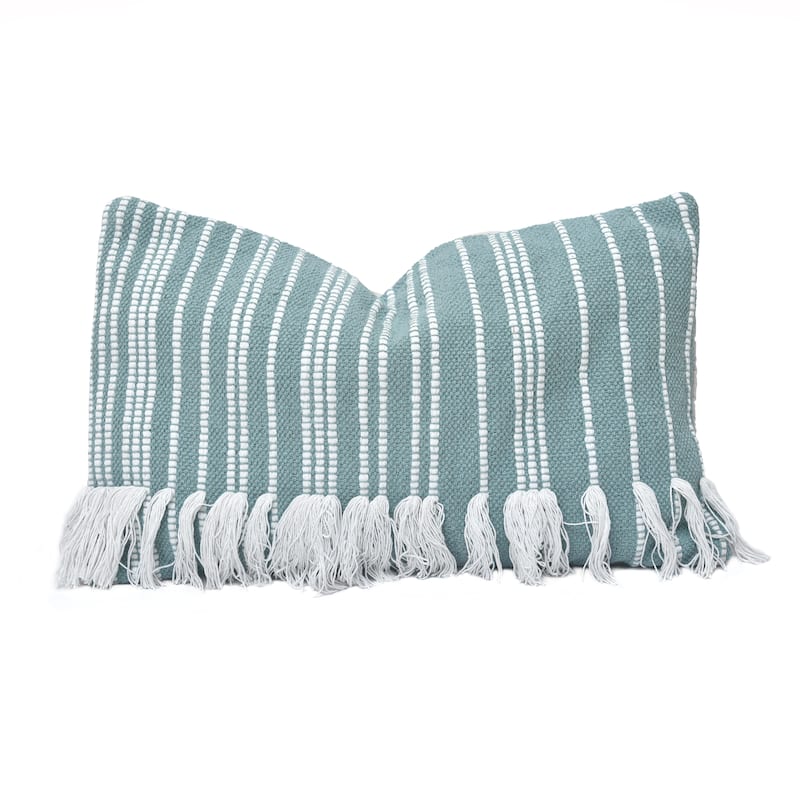 HiEnd Accents Fringed Stripe Lumbar Rug Pillow, 16"x26" - Light Blue