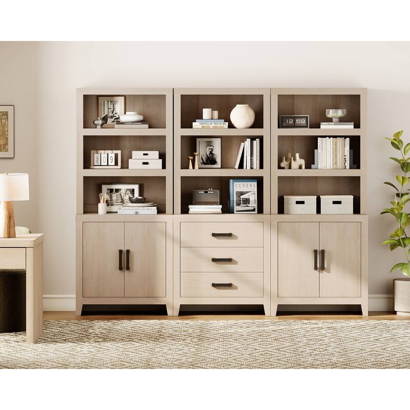 WAMPAT 74" 3-Piece Tall Bookshelf, Farmhouse Bookcase with Doors & Drawers for Living Room & Office - Beige