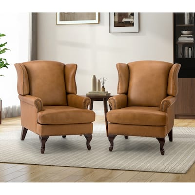 Helmuth Genuine Leather Armchair with Nailhead Trims set of 2 by HULALA HOME