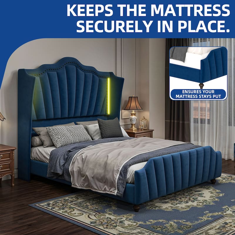 Moasis Queen Size Velvet Upholstered Platform Bed Frame with Wingback Headboard & LED Light
