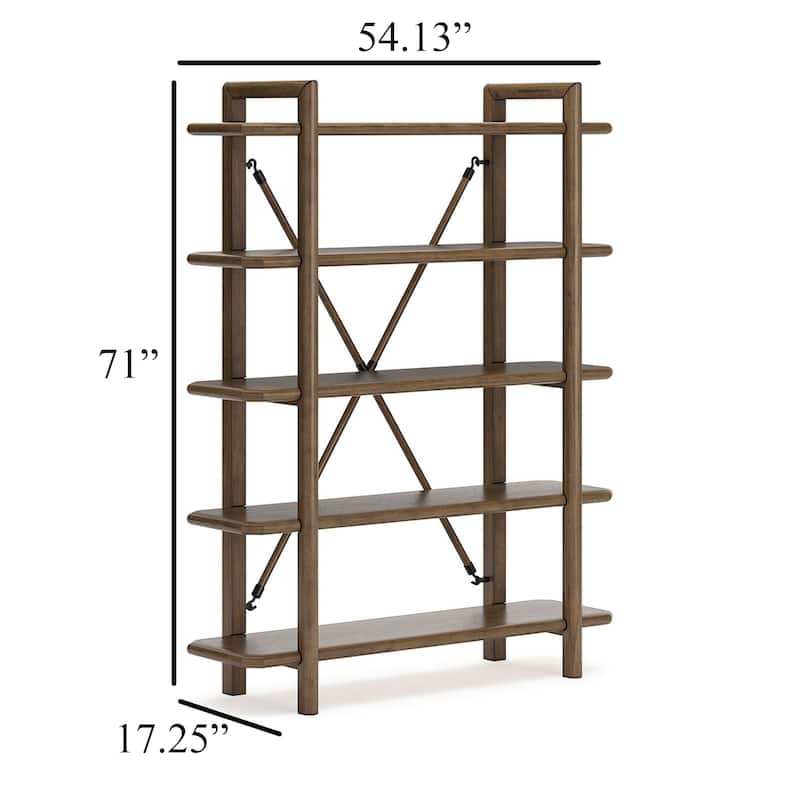 Rohan Bookcase w 5 Display Shelves, Brown Wood X Cross Back, 71 Inch