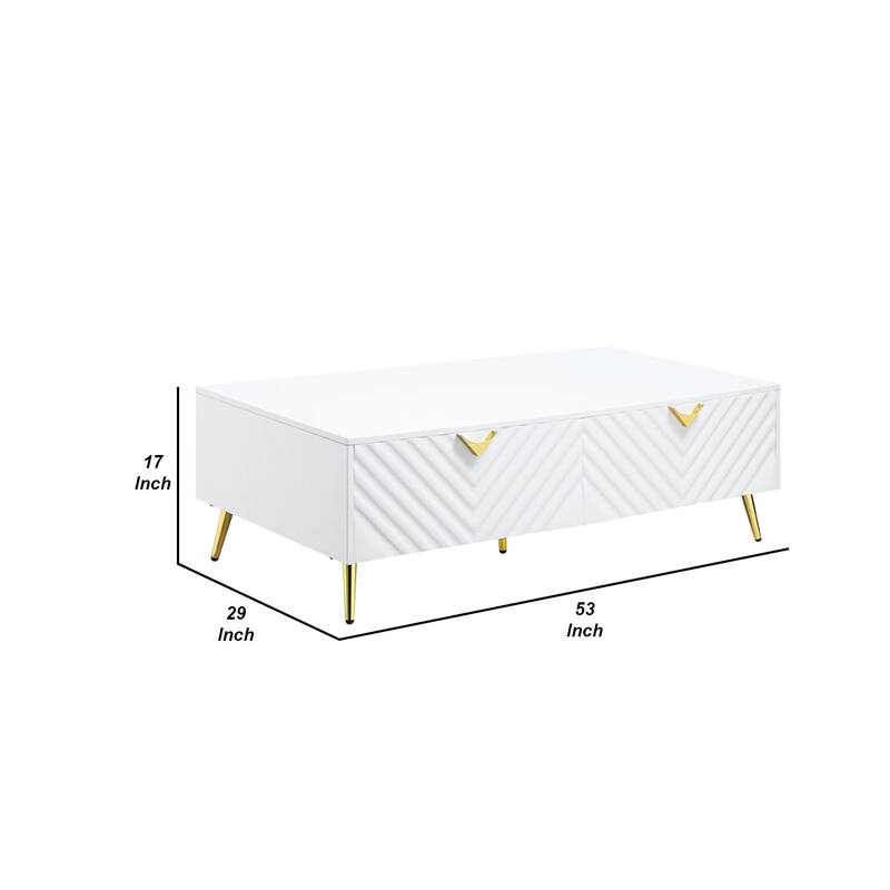 Tyra 53 Inch Modern Coffee Table, 2 Drawers, Metal Handles, White, Gold