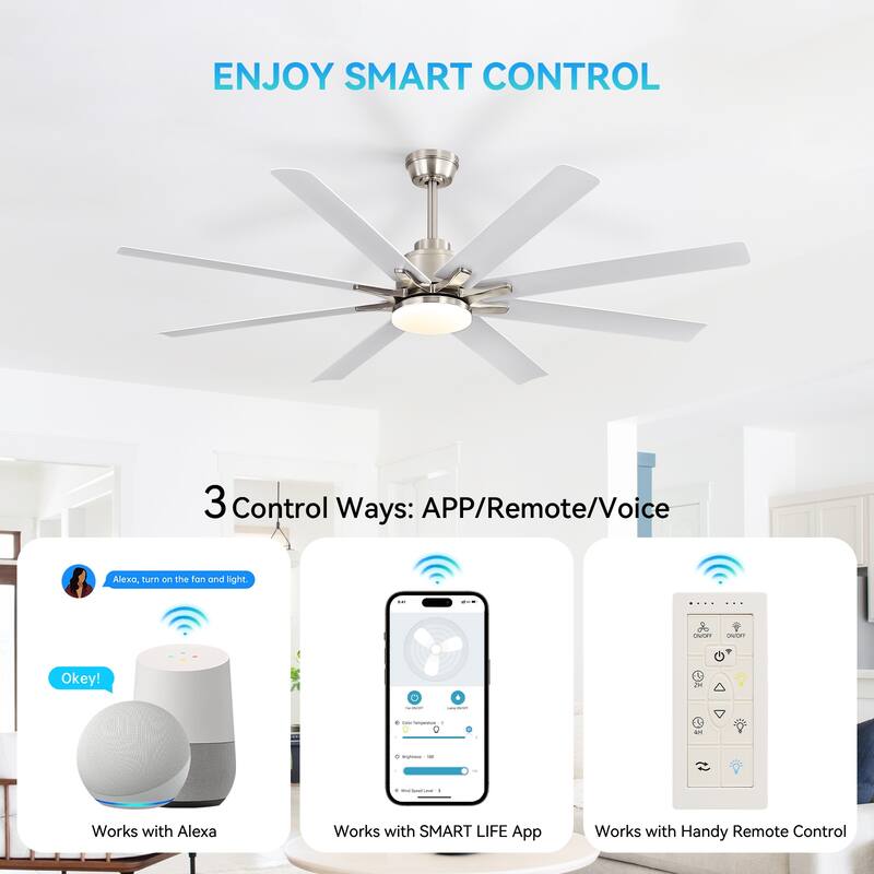 Modern Ceiling Fan With Light Smart Life APP Remote Control Timer For Alexa Google Bedroom Farmhouse - 52inch - Nickel - White