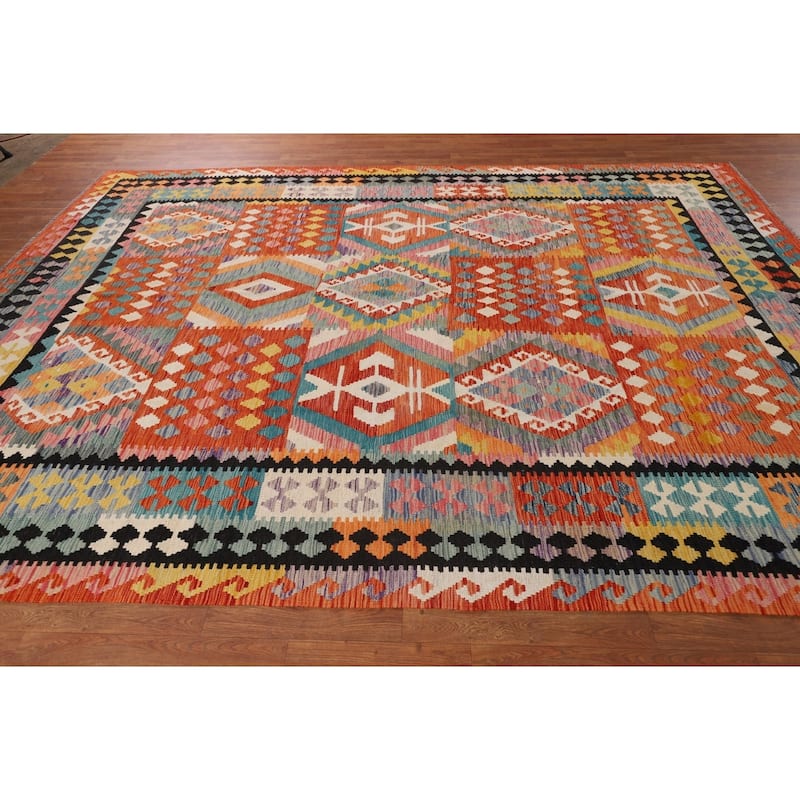Geometric Kilim Oriental Area Rug Flatweave Orange Wool Carpet - 8'0" x 11'5"