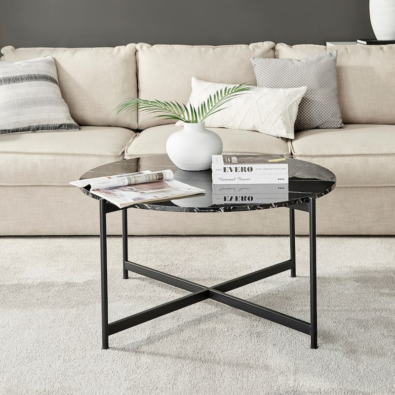 Round Contemporary Marble Finish Veneer Top Black Metal Large Coffee Table - Black