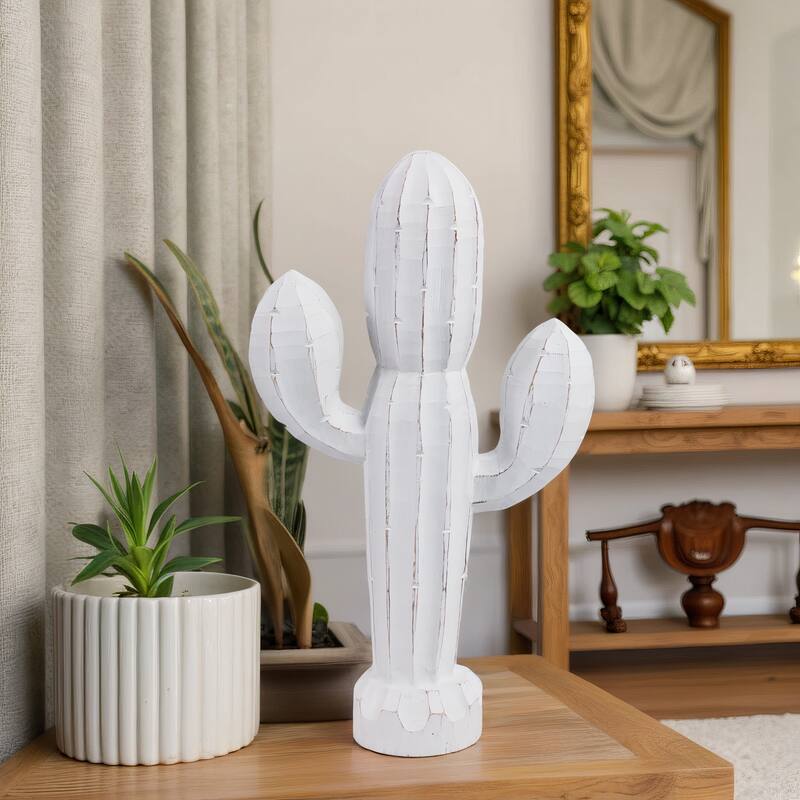 Wood Figurine Cactus Handcarved Accent Modern Decorative Sculpture