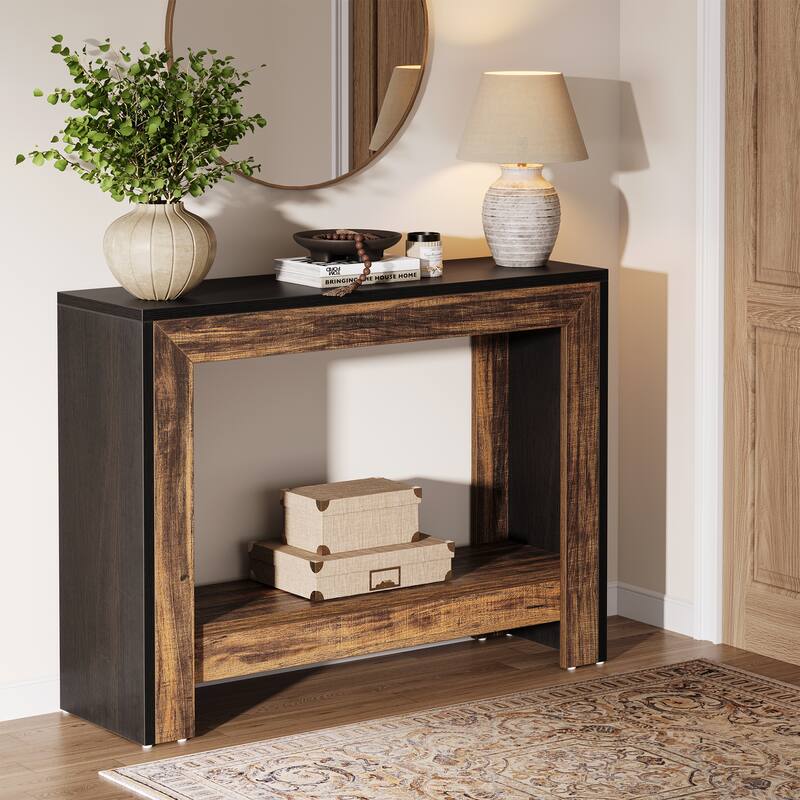 41.34-inch Rectangle Wood Console Table Simple Geometric Entryway Accent Table - Brown+Black - Wood