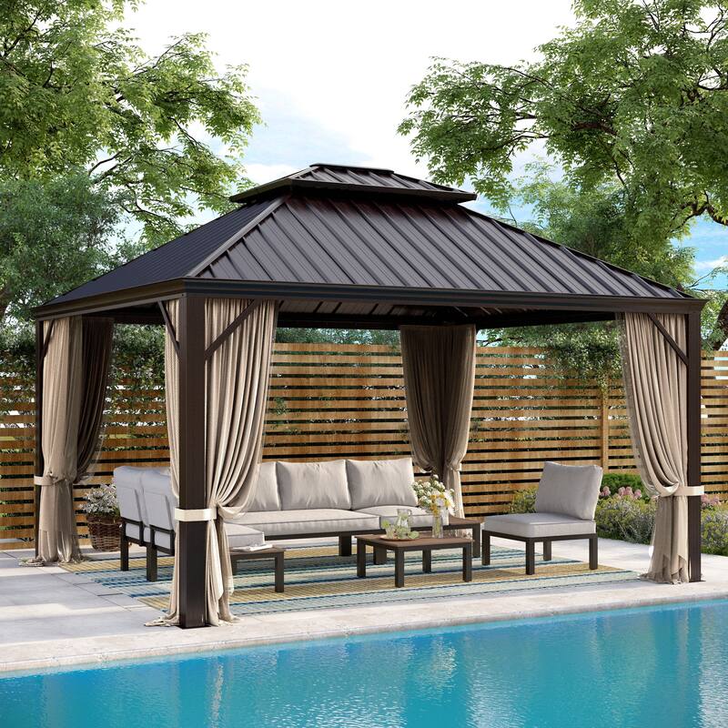 MAISON ARTS 14x20' Hardtop Aluminum Galvanized Steel Double Roof Gazebo with Netting & Curtains - 12X14'
