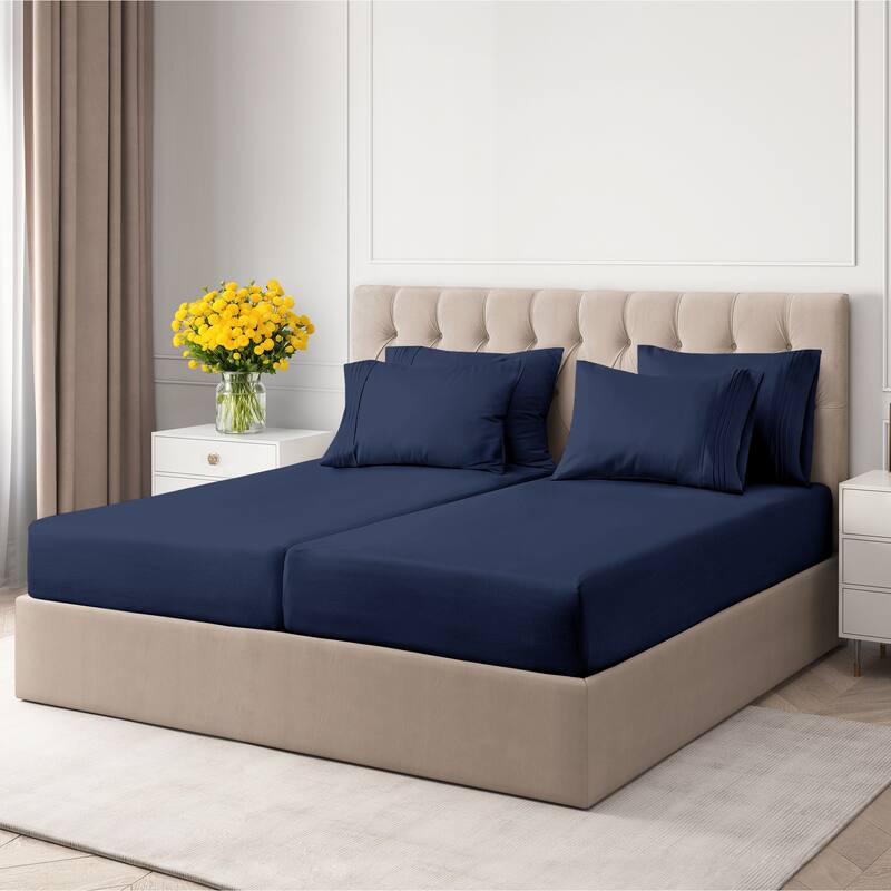 CGK Linens 6 Piece Solid Deep Pockets Microfiber, Easy-Fit Bed Sheet Set - Split King - Navy Blue