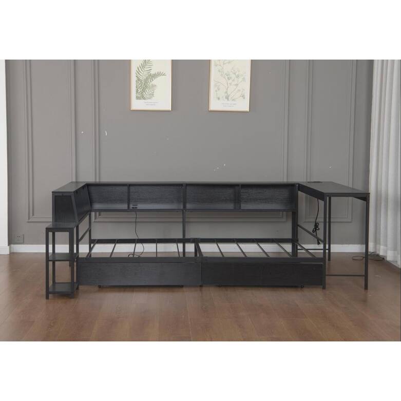Full/Twin Corner Bed Frame with Bookcase, 2 Storage Drawers, LED Light & Charging Station