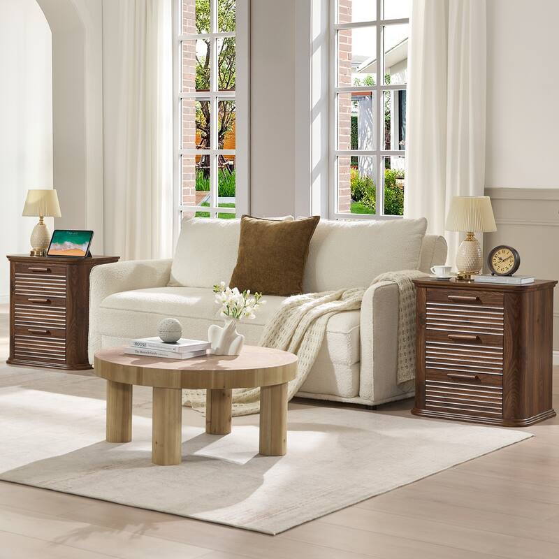 22" Wide Fluted Nightstand with Charging Station, Modern End Table, Wood 3 Drawer Dresser, Large Bedside Tables