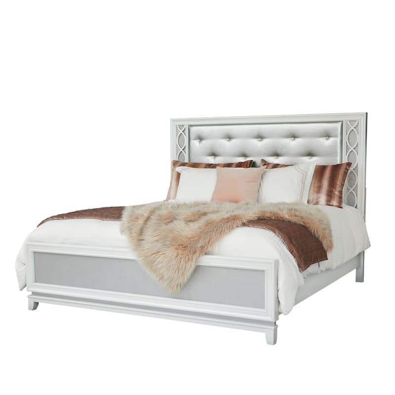 Roundhill Furniture Galaxy Upholstered Tufting Panel Bed with LED Lights in Pearlized White