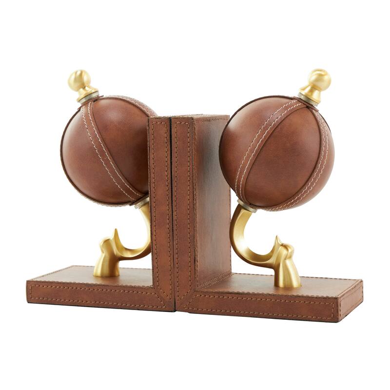 Brown Leather Handmade Stitched Globe Decorative Bookends with Brown Wood Base (Set of 2)