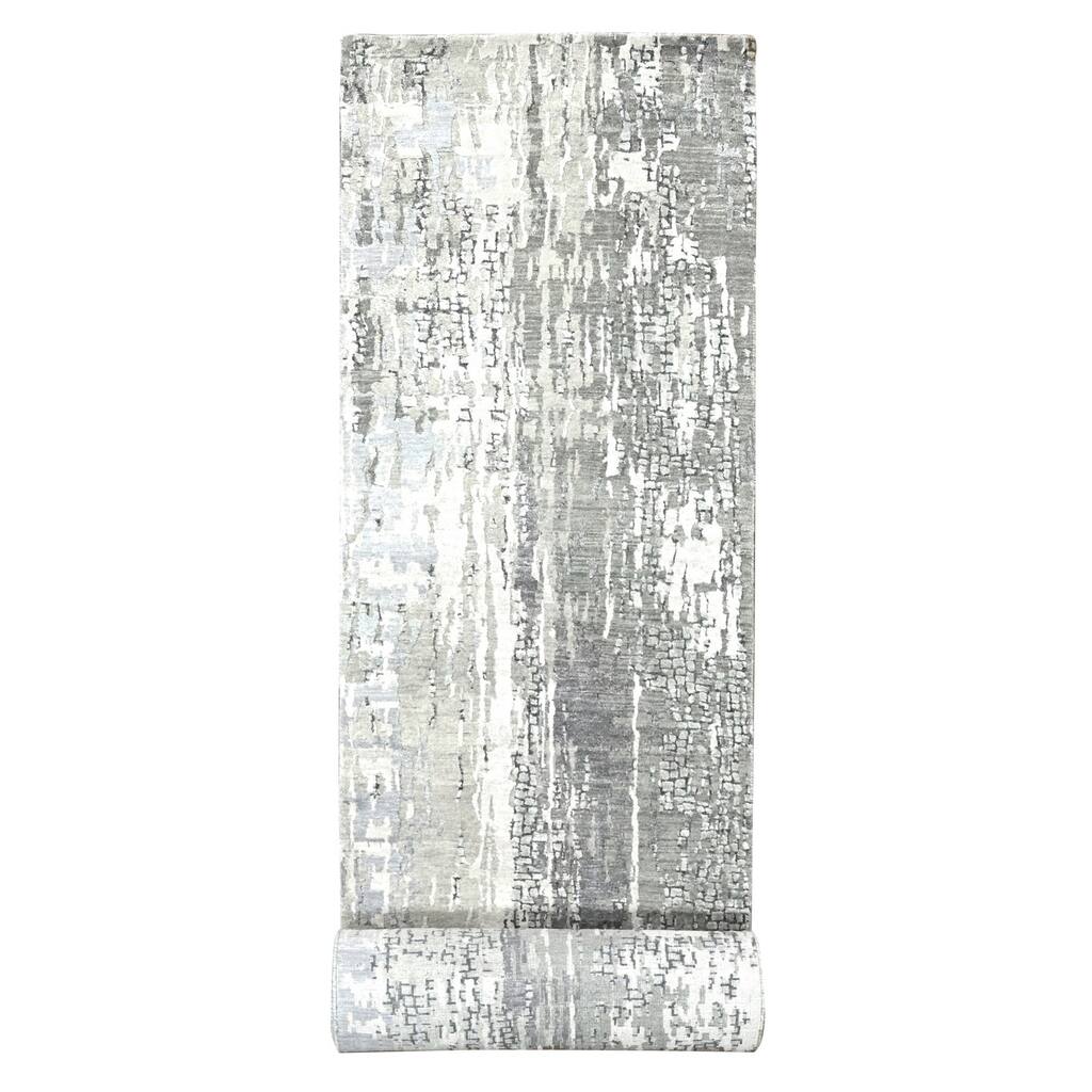 Shahbanu Rugs Rustic Gray Persian Knot Abstract Mosaic Design Wool and Silk Hand Knotted Dense Weave XL Runner Rug (2'9"x19'9")