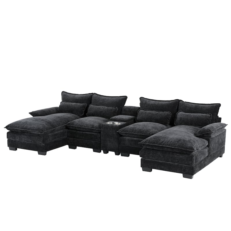 U-shaped Chenille Sectional Sofa w/Console, Cup Holders, USB, Chaise