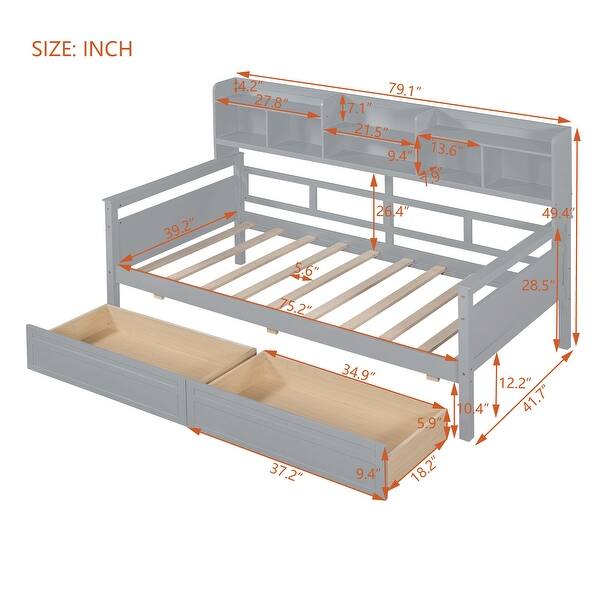 dimension image slide 1 of 3, Twin Daybed with Drawers & Shelves - Stylish and Functional