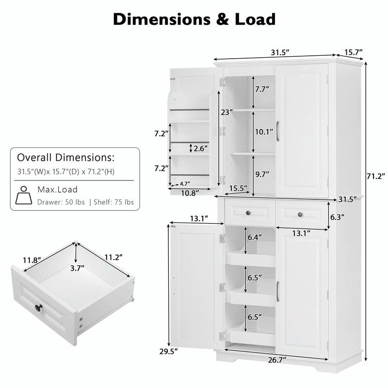 71" Tall Kitchen Pantry Cabinet with 3 Pull-Out Cabinet Organizers
