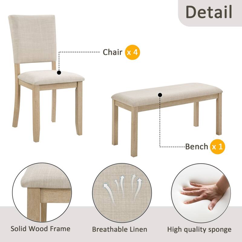 6-Piece Dining Set, Wooden Rectangular Table with Bench and 4 Chairs