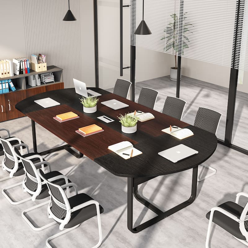 70.86" Oval Arc Conference Table, Large 6FT Meeting Tables for Home Office - Black and Walnut