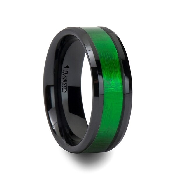 Irving Beveled Black Ceramic Ring With Textured Green Inlay