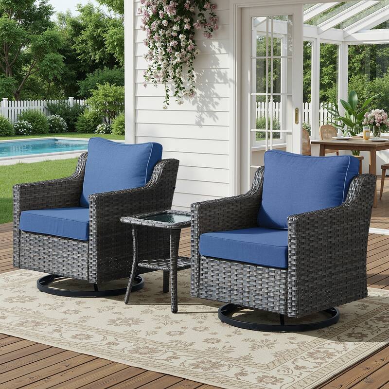 Meyreso 3-Piece Gray Wicker Outdoor Swivel Glider Chair Set with Side Table