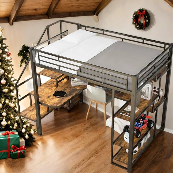 slide 2 of 17, Metal Full Size Loft Bed with Storage,Small Wardrobe,Built-in Desk Black