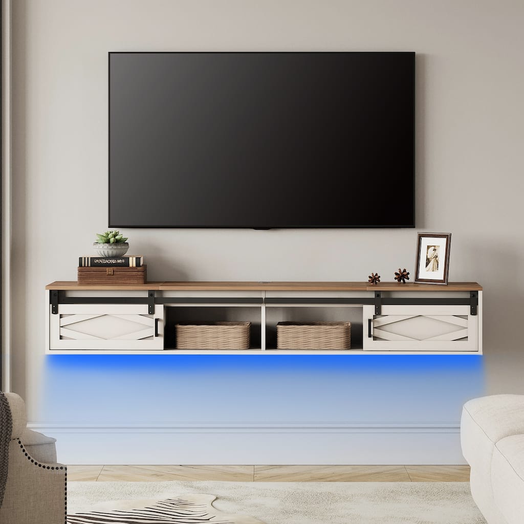 Sliding Barn Door Floating TV Stand with Charging Station