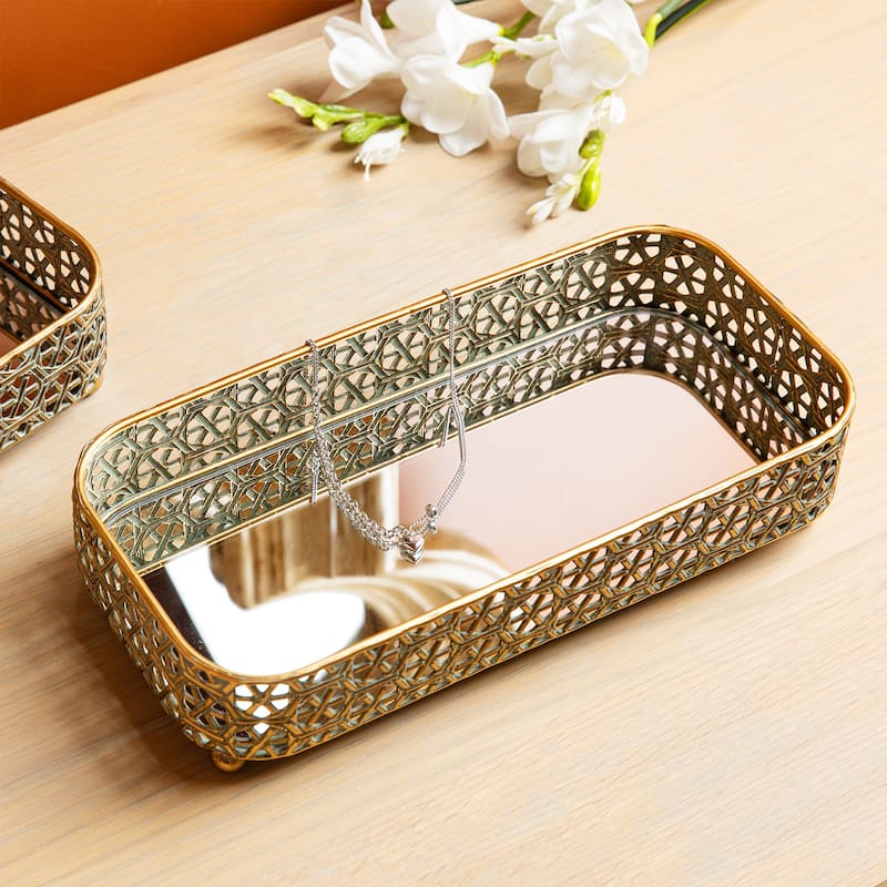 Glitzhome Set of 2 Rectangle Metal Gold Mirrored Decorative Trays -12"L & 14"L