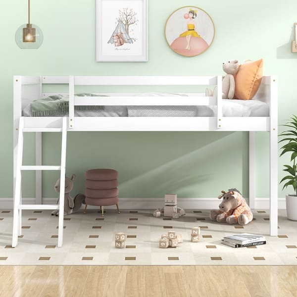 slide 2 of 3, Wood Frame Guardrail Design Twin Size Low Loft Bed Ladder Kids Bed, White