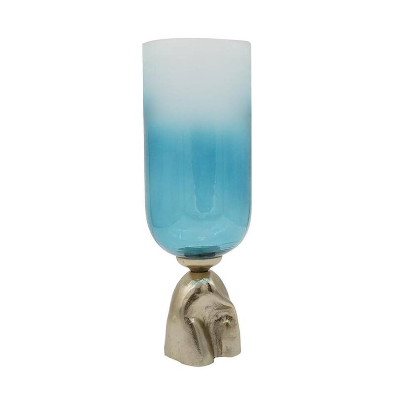 18" Blue White And Gold Ombre Glass And Aluminum Pedestal Table Vase - 8.00