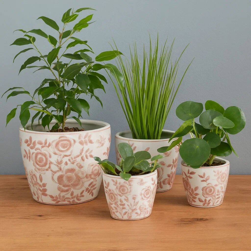Kerry Accent Planter Pot Set of 4, Pink Floral Pattern, White Ceramic