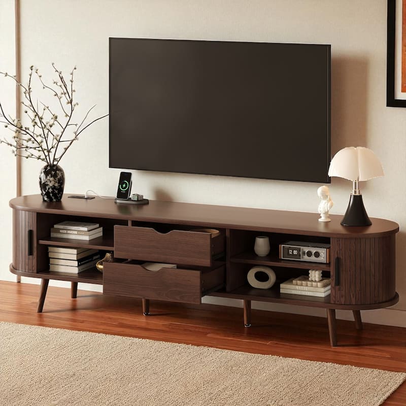 70 Inch Mid Century Modern TV Stand with Tambour Doors, Drawers, and Power Outlets, Media Console for TVs Up to 80 Inch