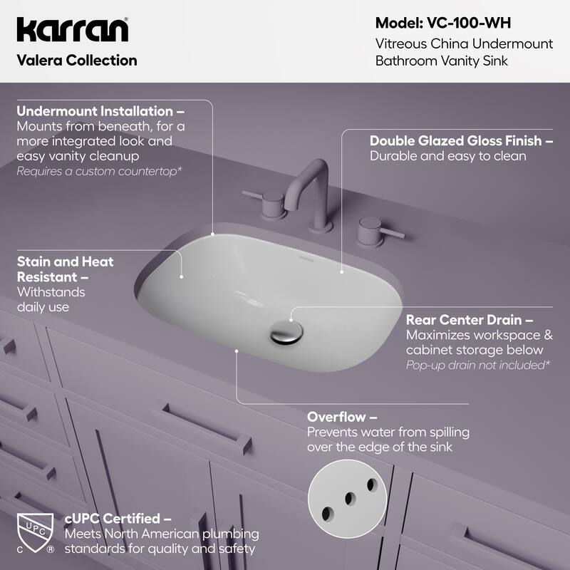 Karran Valera 20" Oval Undermount Vitreous China Bathroom Sink in White