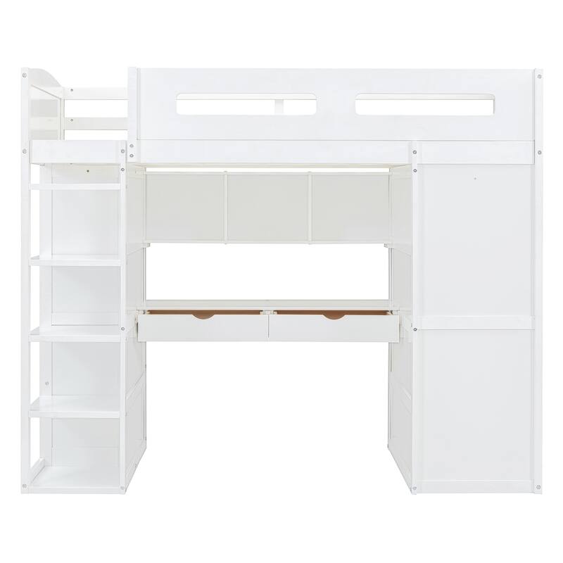 Solid Wood Loft Bed with Desk, Wardrobes, 4 Drawers and 4 Shelves for Kids, Bedroom