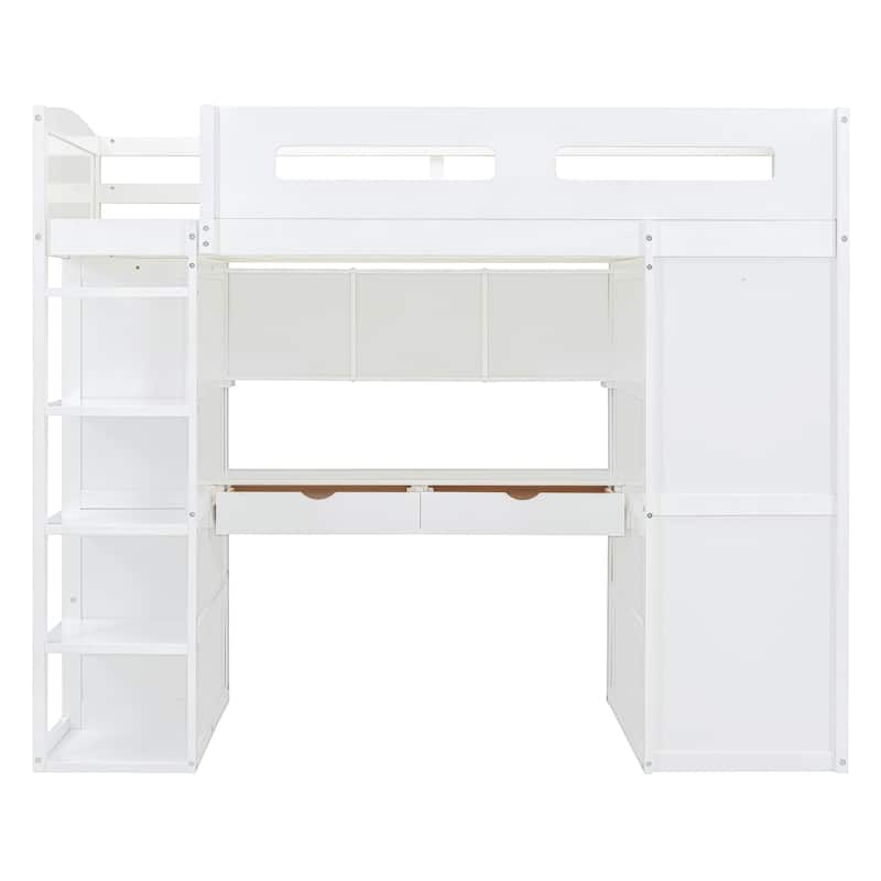 Twin Size Solid Wood Loft Bed with Desk, Wardrobes, and Shelves