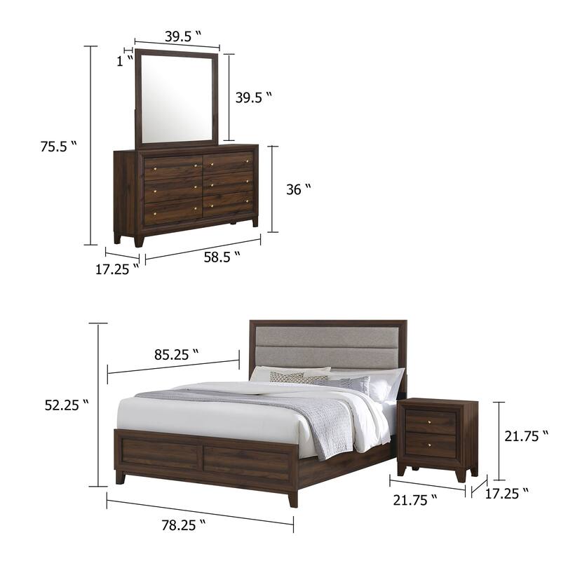 Yels 4 Piece King Bedroom Set, Gray Upholstery, Walnut Brown Wood