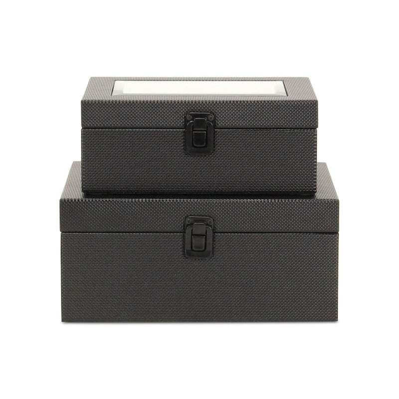 Set Of Two Black Faux Leather And Mirrored Glass Jewelry Boxes