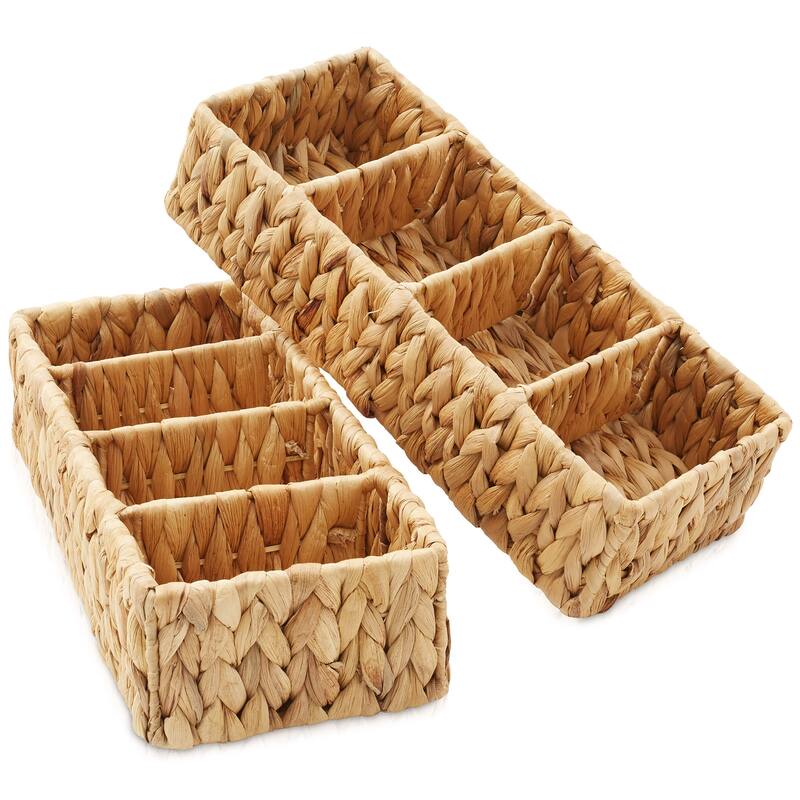 2 Water Hyacinth Storage Baskets Woven Storage Bins - Natural - Hyacinth - 4 Section