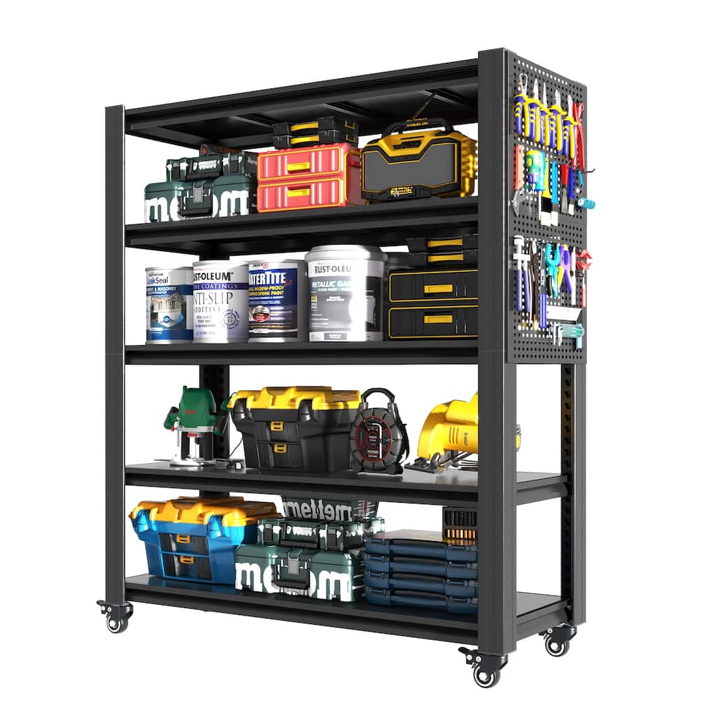 72"H 5 Tier Adjustable Shelving with Pegboard and Wheel, Heavy Duty Storage Shelves, Metal Shelving Unit Multipurpose Shelf